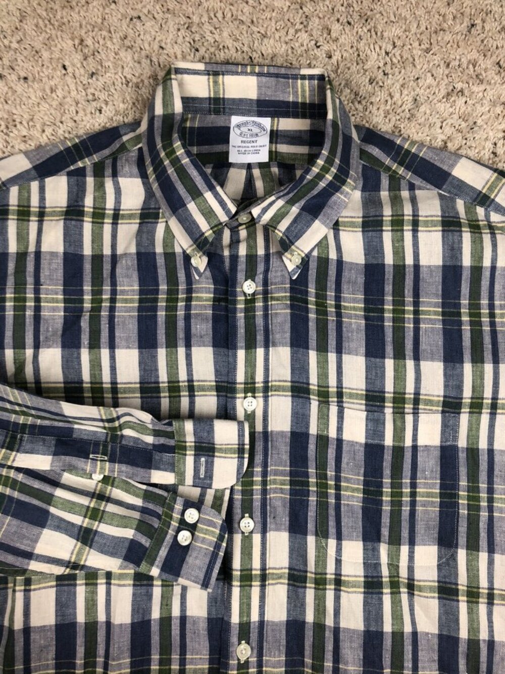 Brooks Brothers Regent LINEN Button Up Shirt Adult XL Blue Green Plaid L/S